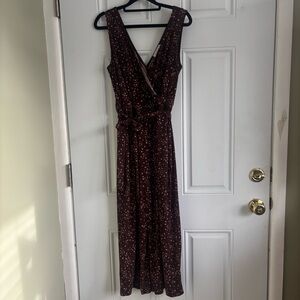Kaileigh Small Floral Print Brown Jersey Sleeveless Jumpsuit, Size Medium